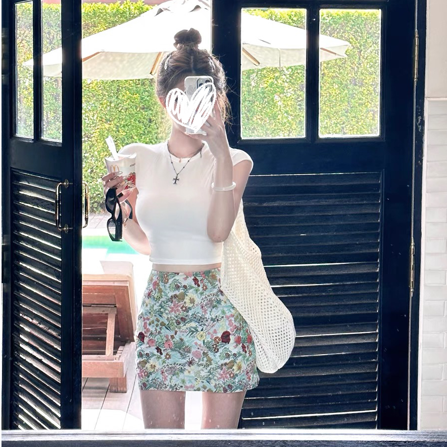 辣妹纯色圆领短款百褶t恤女春夏修身上衣提花半裙裙子套装