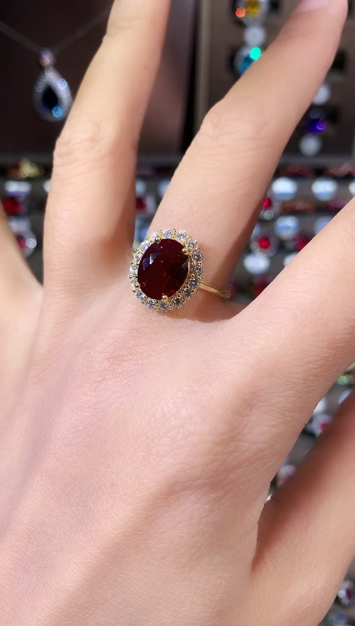 银S925镶嵌戒指红宝石810酒红金色