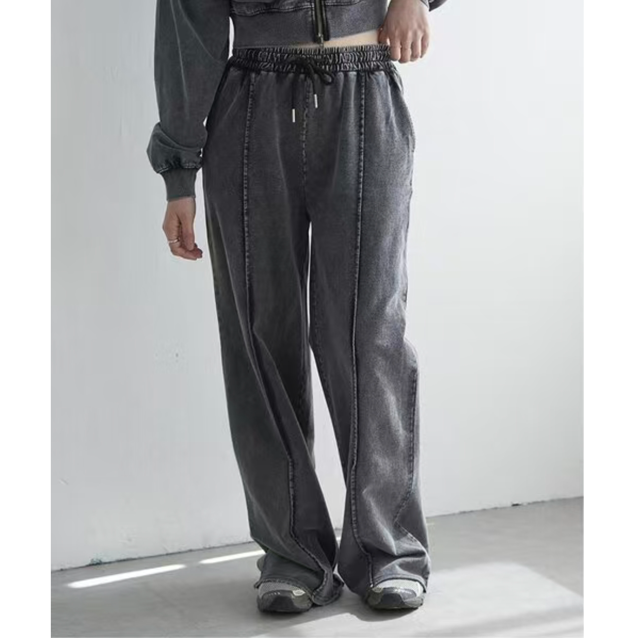 C748宽松秋冬工装风黑色拼接高腰时尚加绒直筒透气休闲裤331Y