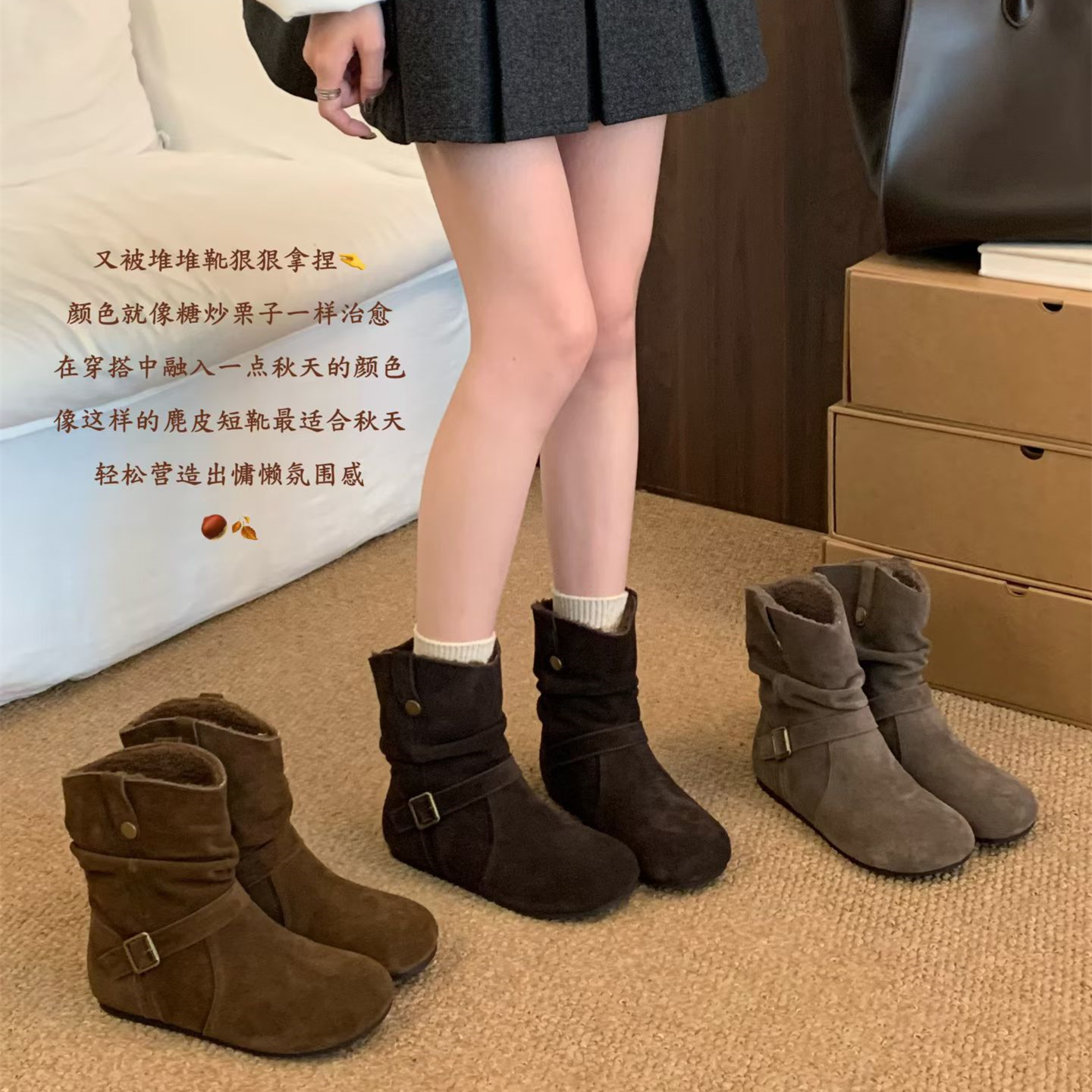 复古真皮丑萌勃肯短靴女2025年秋冬季新款加绒保暖西部牛仔堆堆靴