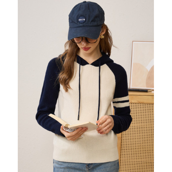 100%绵羊毛长袖撞色连帽女式羊毛衫25DAK1614