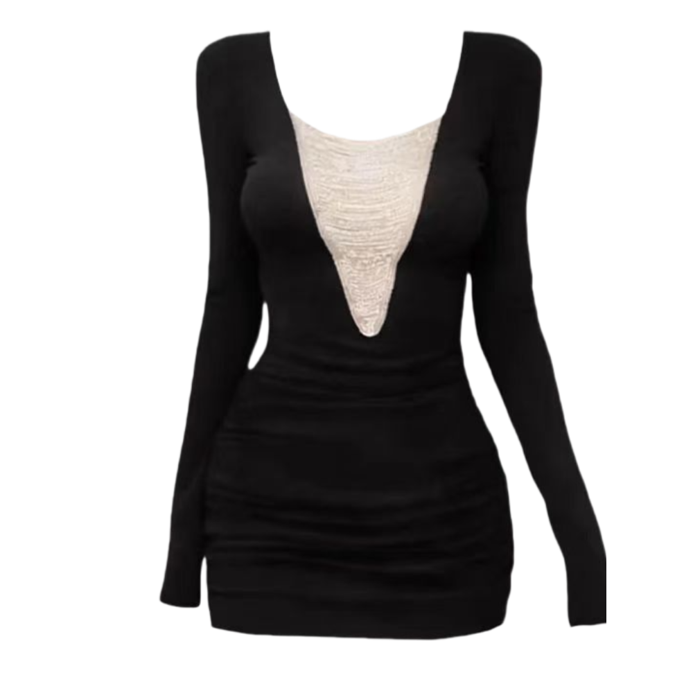 大漂亮家《钻石女孩》性感黑色v领链条长袖连衣裙女纯欲连衣裙