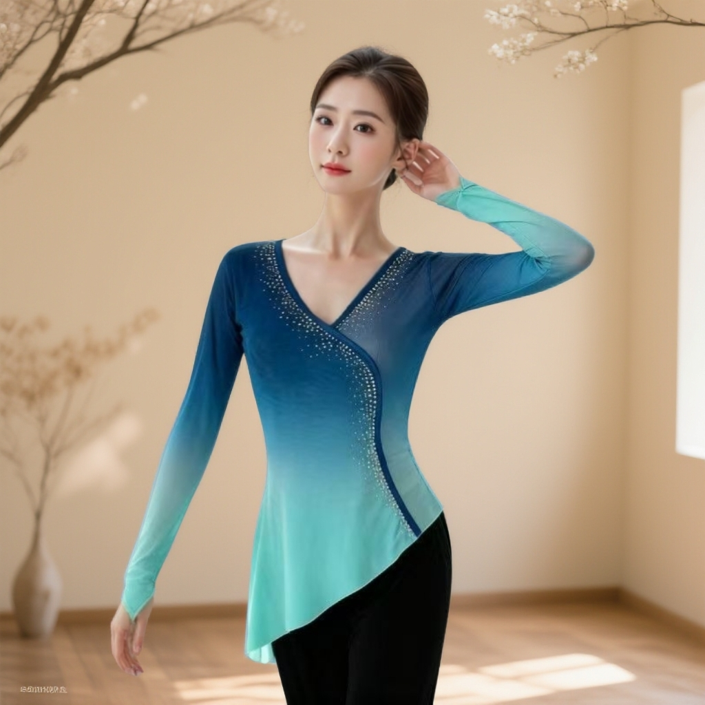 老师同款古典舞身韵渐变蓝纱衣练功服