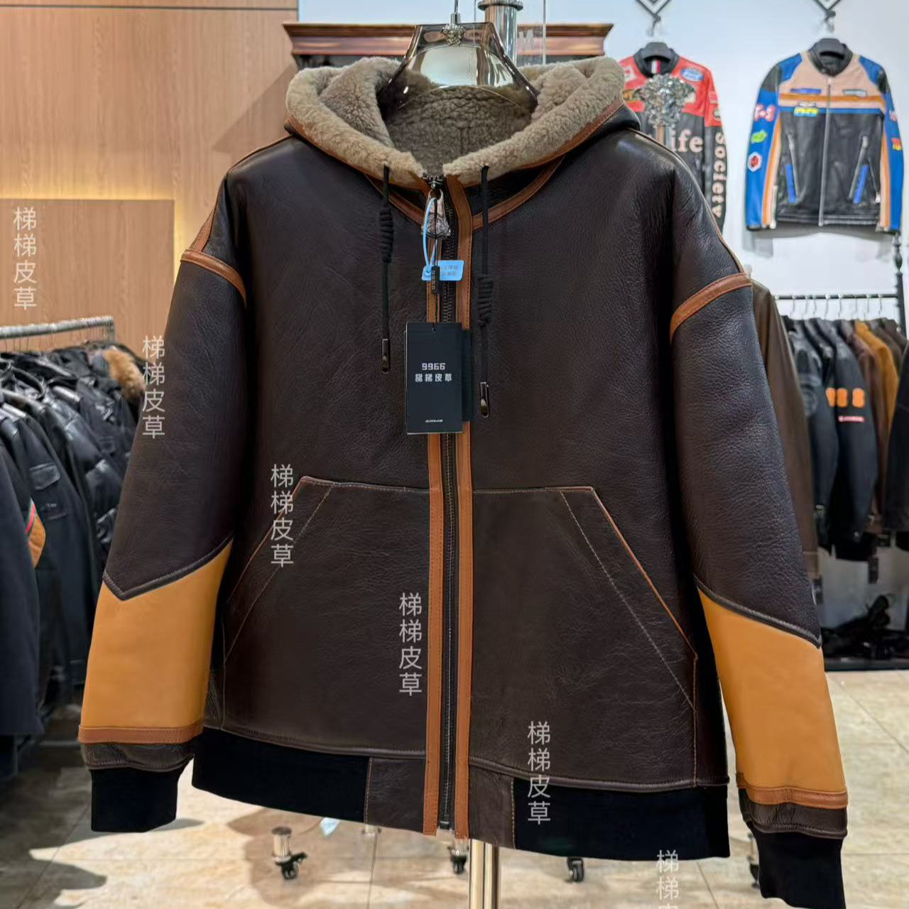 男士冬装原生态皮毛一体真皮真毛羊皮羊毛宽松落肩款482现货棕色