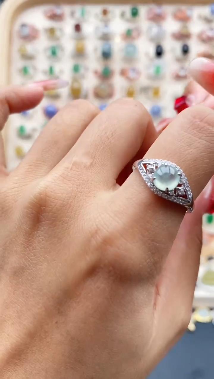 【闪购商品】翡翠戒指银S925镶嵌缅甸天然A货翡翠222  4+2