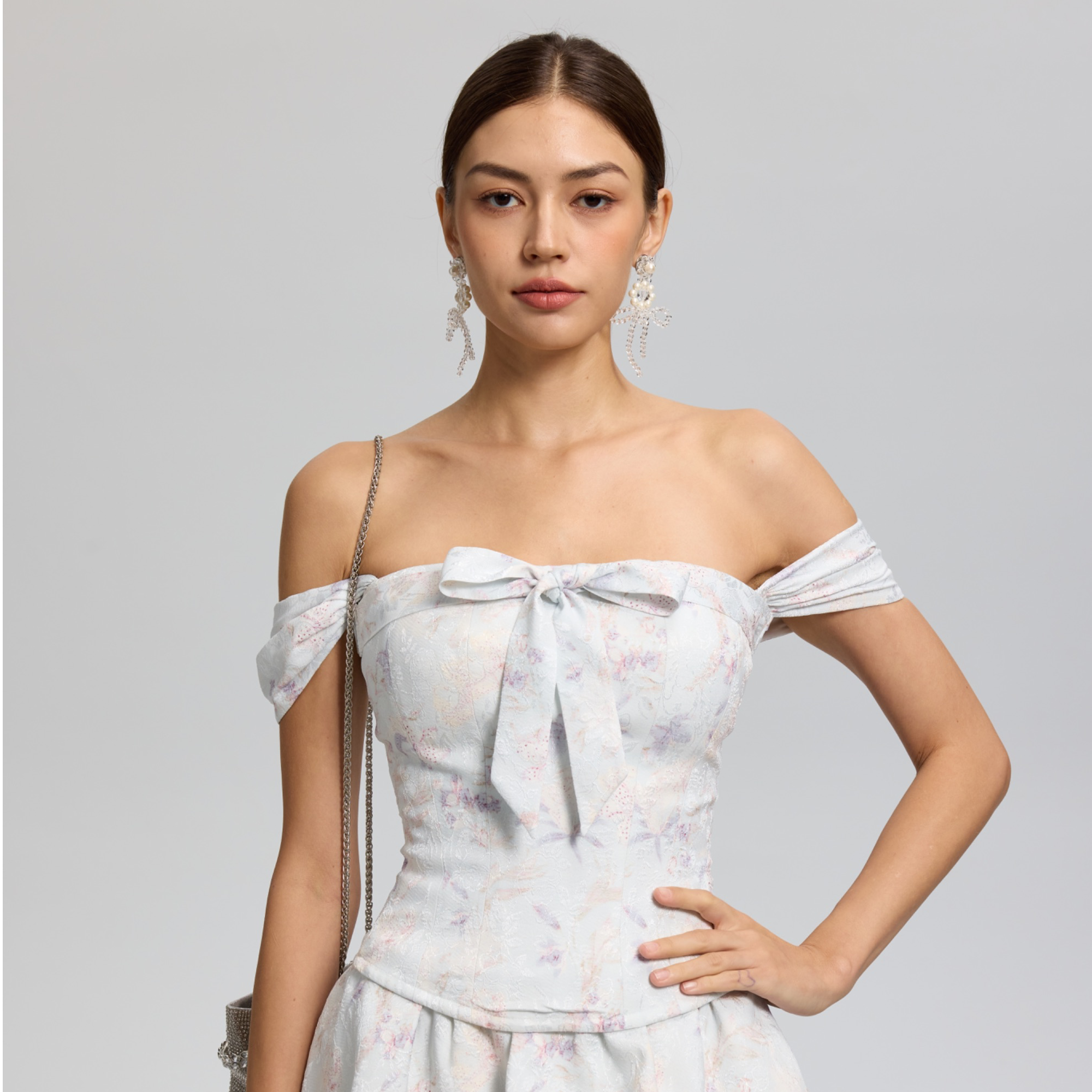 CORSELET春夏一字领中式青色提花收腰塑形肩带鱼骨胸衣