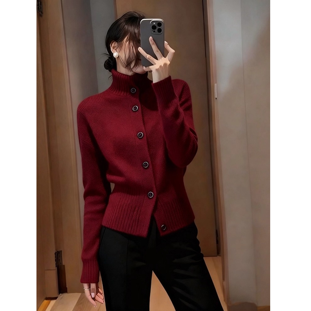 新年红色高领毛衣外套女秋冬款高级感气质微宽松收腰针织开衫上衣
