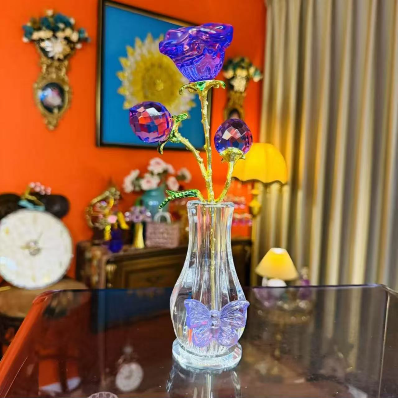 紫色玫瑰花瓶水晶仿真永生花家居书房装饰品带灯底座摆件