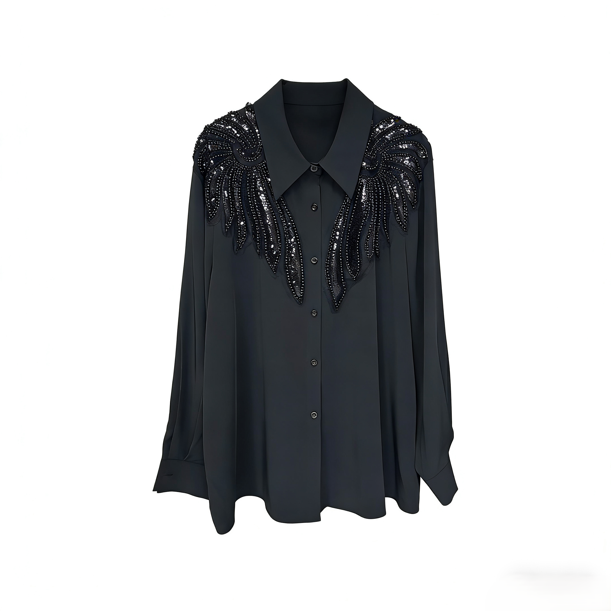 （038）春秋季女士时尚重工钉珠宽松显瘦设计感纯色衬衫