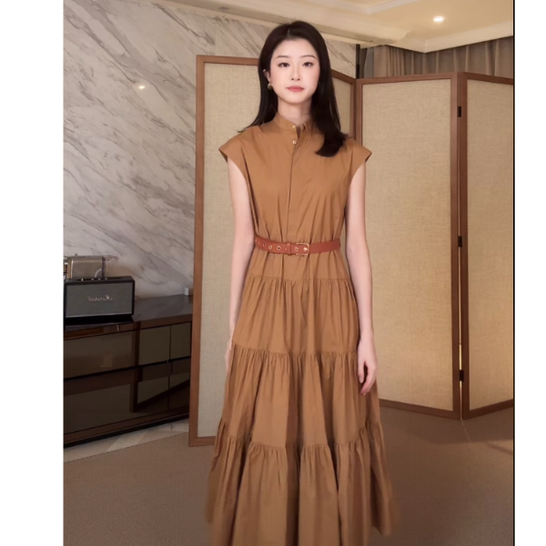 时尚通勤百搭立领收腰显瘦配腰带大摆连衣裙