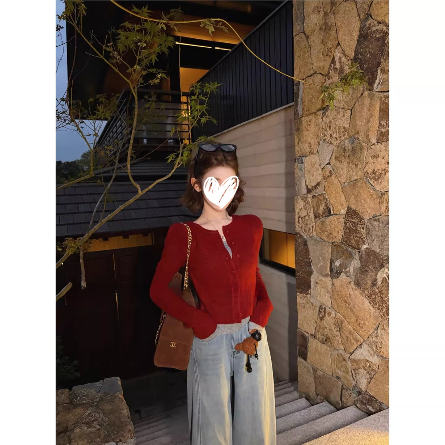 圣诞节氛围感穿搭红色假两件毛衣女秋冬季修身显瘦内搭针织衫上衣