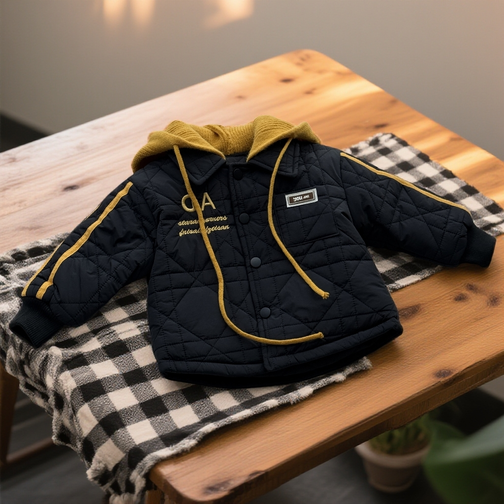 棉袄加厚字母秋冬薄款时尚加绒加厚款2025加绒棉服男童黑色连帽
