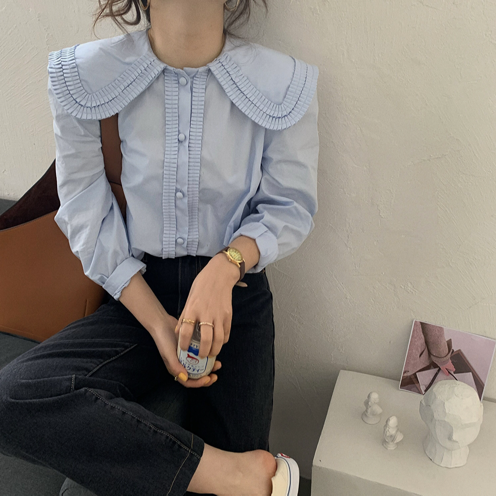韩国chic温柔奶软蓝娃娃领风琴压褶设计包边扣宽松衬衫上衣