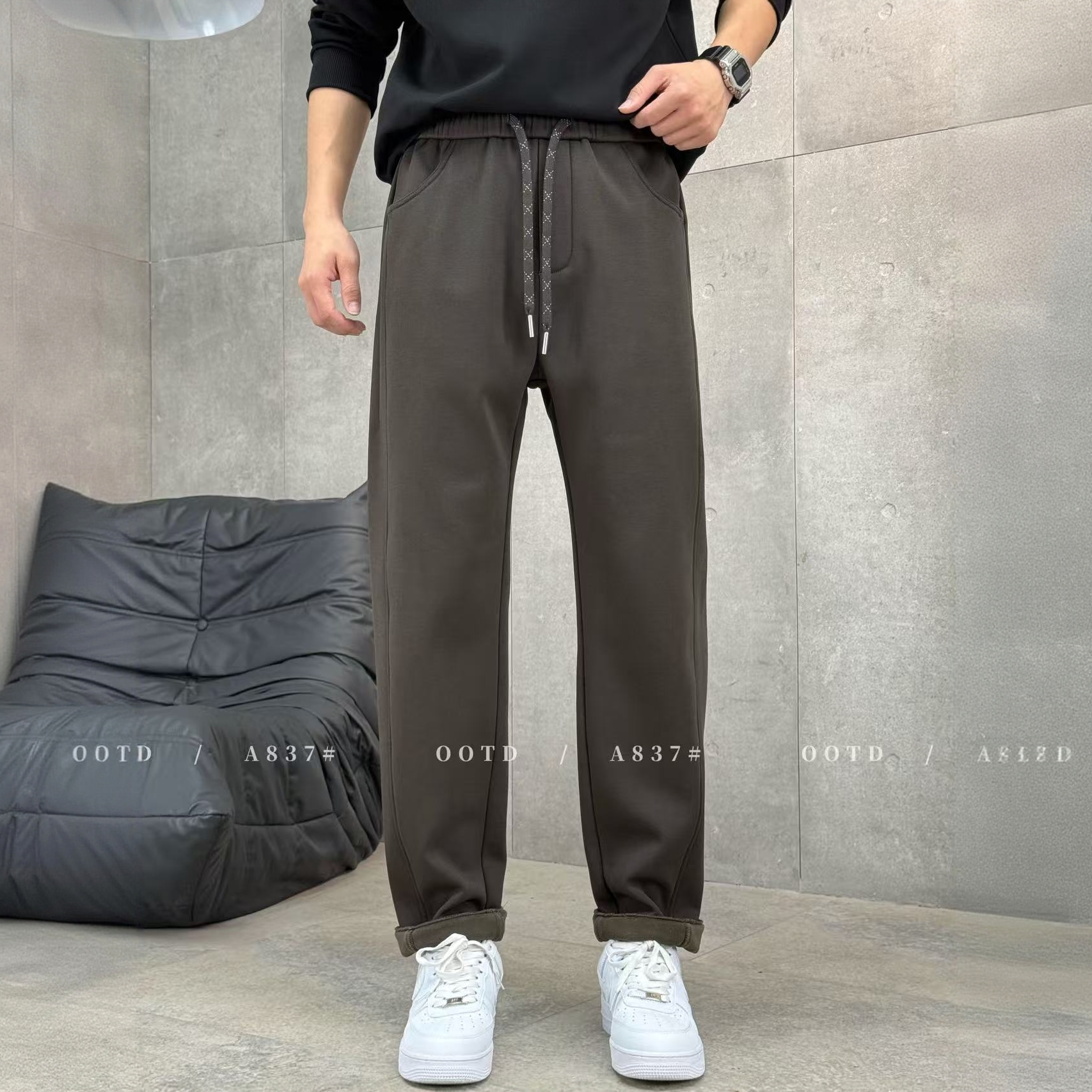 #837 加绒天丝莱赛尔男士秋冬季休闲裤小直筒抽绳弹力百搭冬男裤