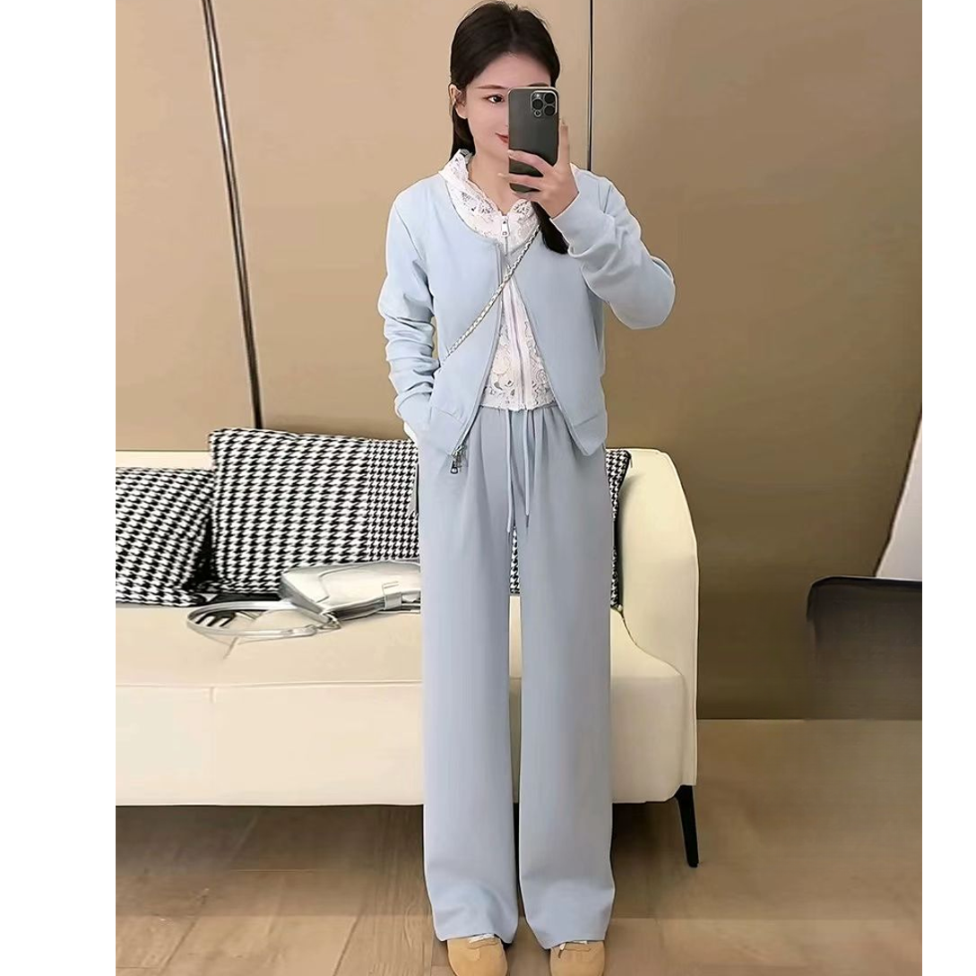 2025春新款连帽蕾丝拼接外套阔腿裤显瘦两件套HJ-1582气质运动