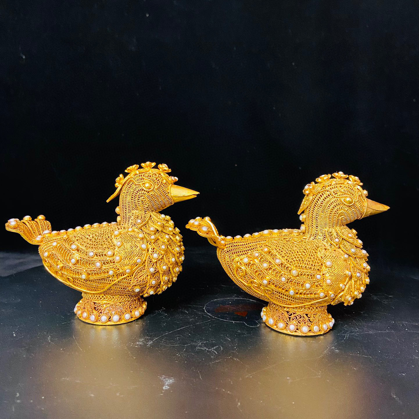 掐丝鸳鸯鸟铜鎏金摆件收藏品 随缘发货一只 长13.8公分 高12公分