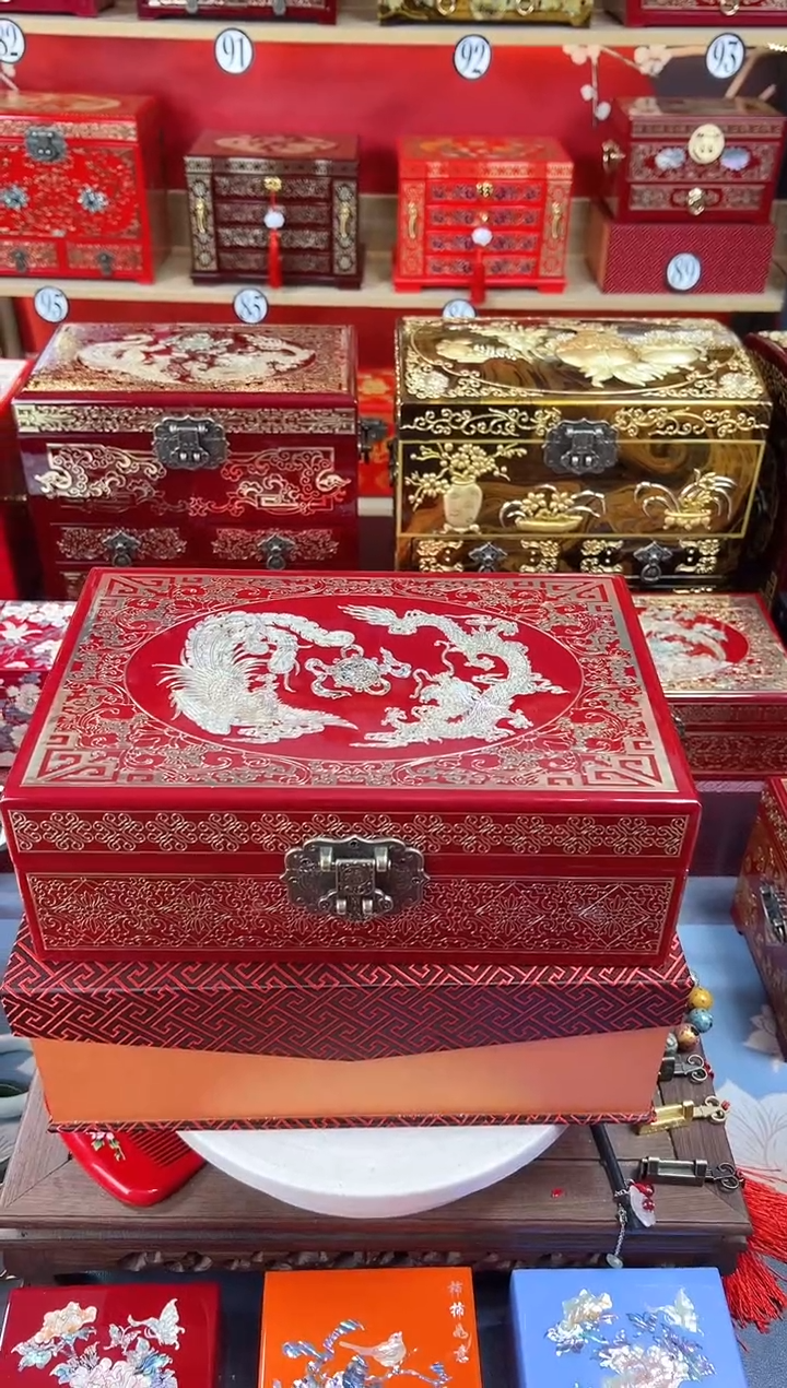 【闪购商品】28厘米双层大空间掐丝螺钿酒红色千层龙凤