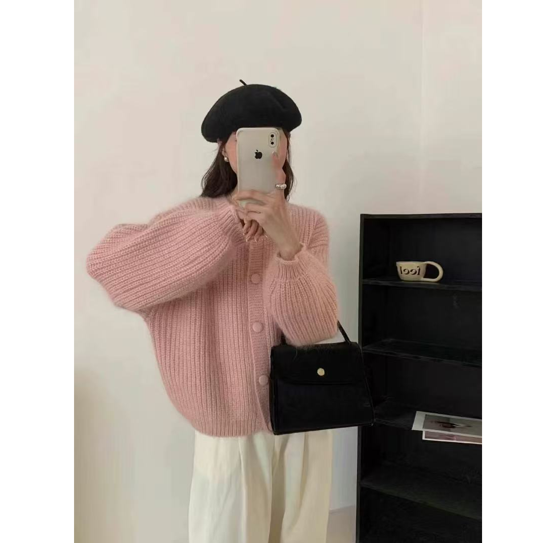 秋冬新款混纺韩系宽松减龄加厚软糯灯笼袖针织衫毛衣开衫外套1354