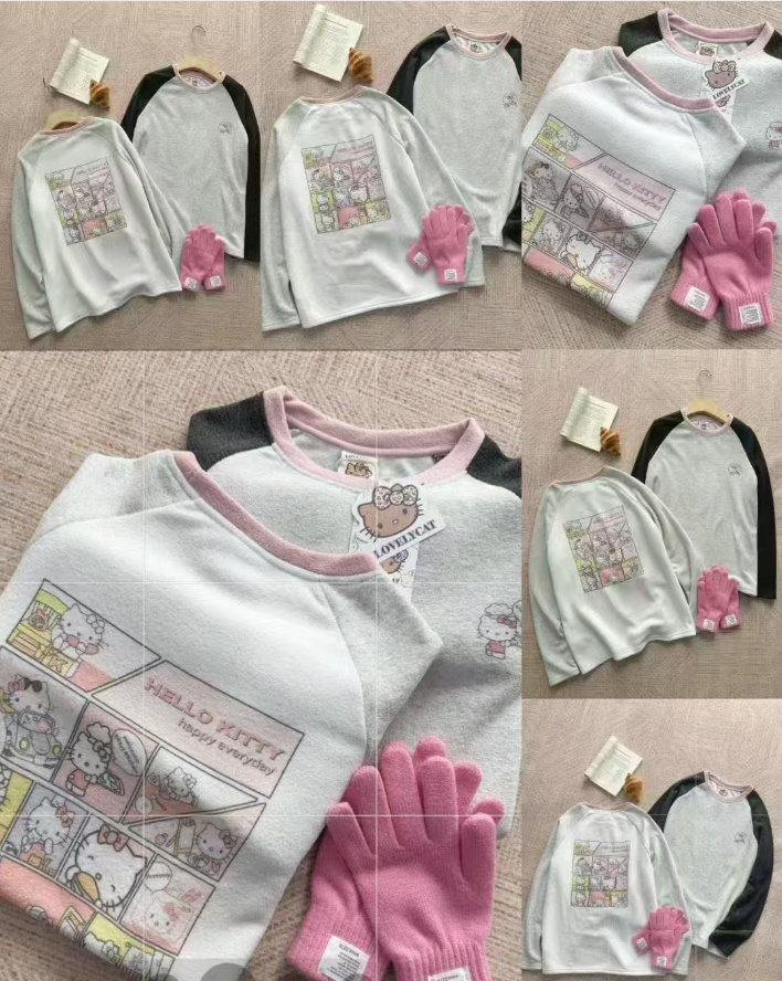 小慧 韩版可爱漫画小猫插肩撞色袖减龄T恤上衣KH56