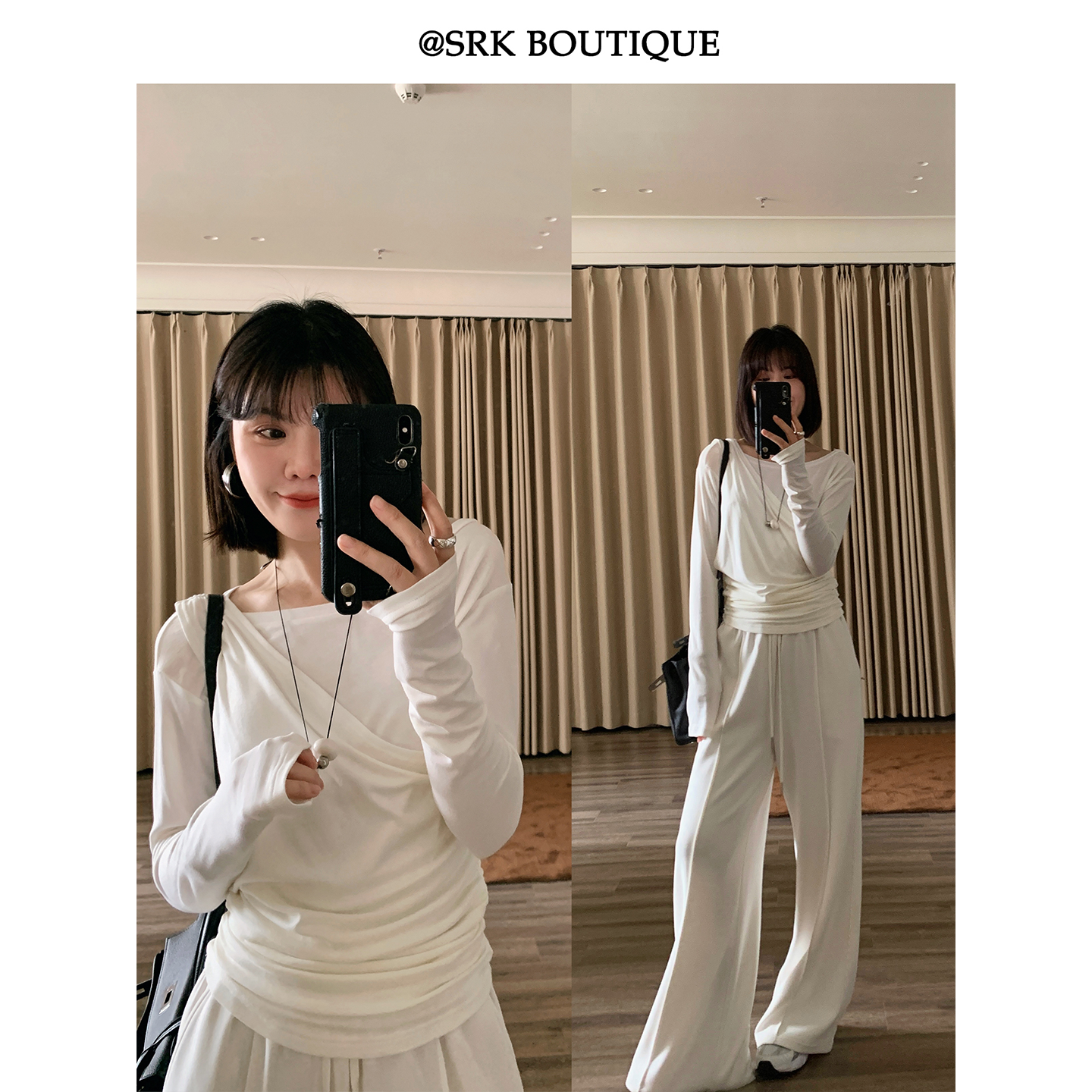 法式休闲假两件T恤修身简约落肩不规则百搭长袖上衣女S2QR5130