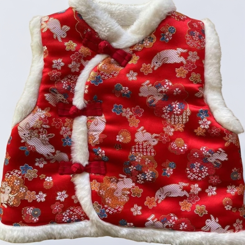 儿童中国风马甲织锦缎纯棉花里料秋冬宝宝坎肩拜年服喜庆中式加厚