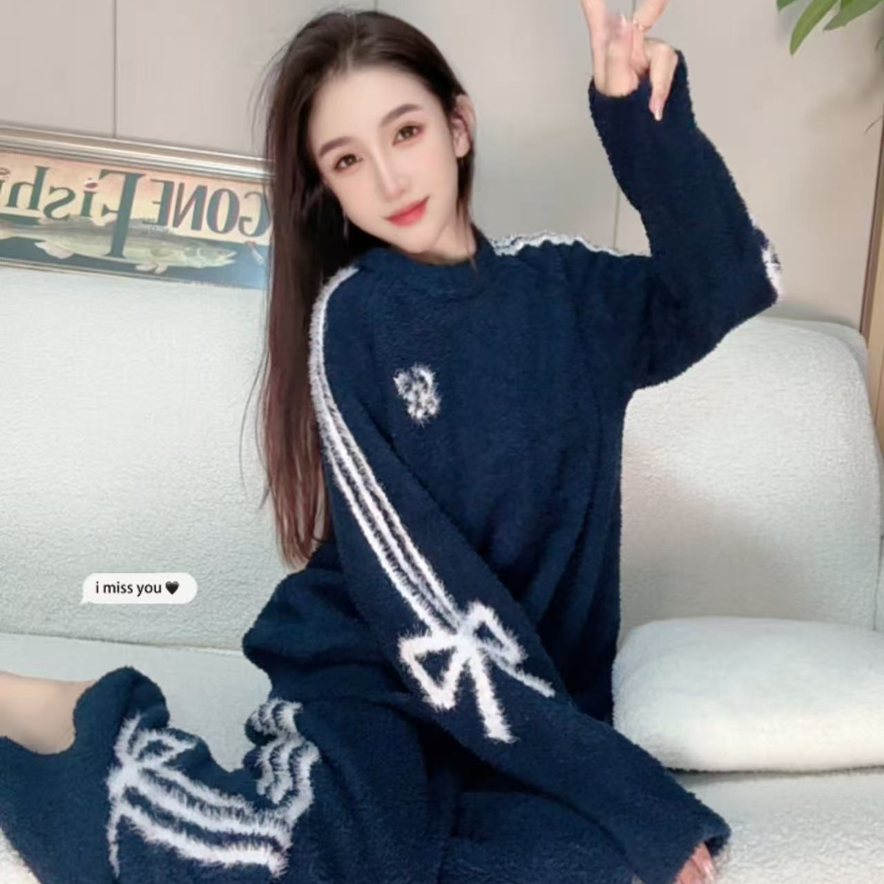SIEOYJIEA/私迹大榕家大刘eva【蓝白蝴蝶结】女款气质家居服睡衣