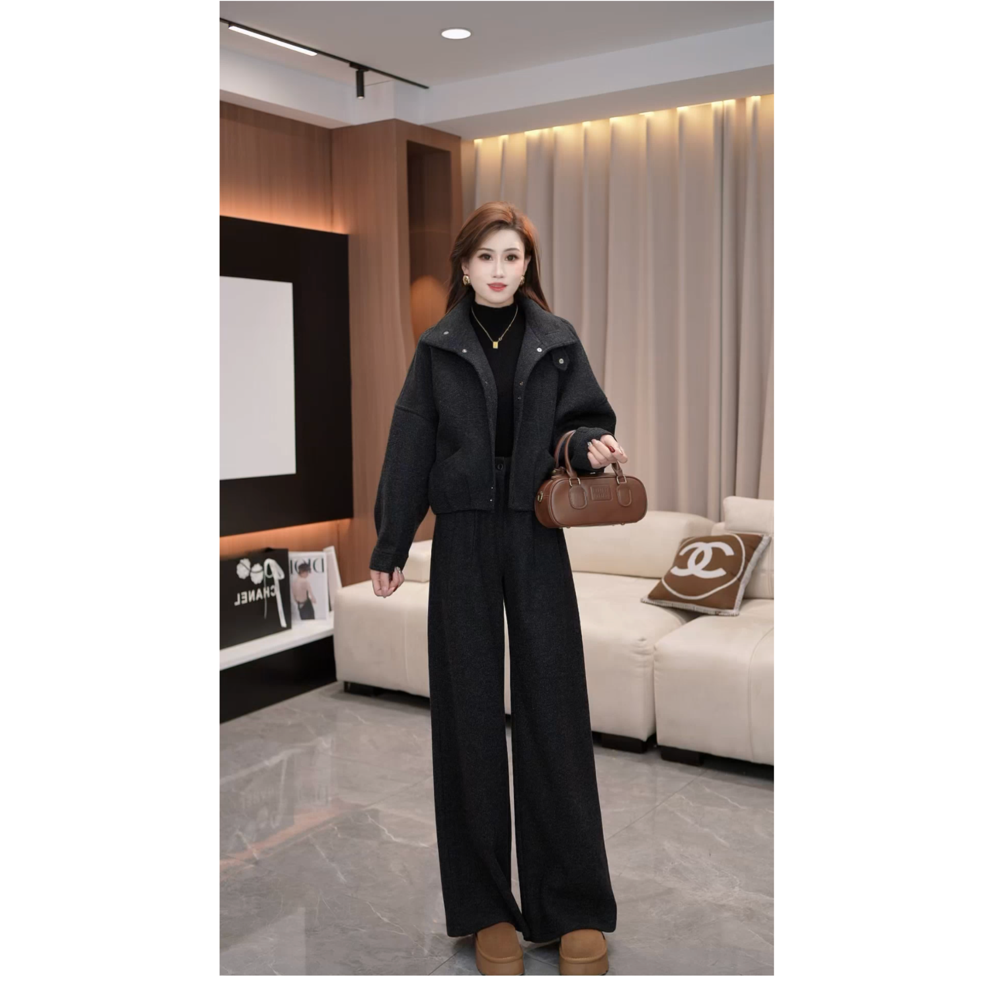 秋冬季新款女翻领厚款时尚简约毛呢夹棉外套+裤子套装