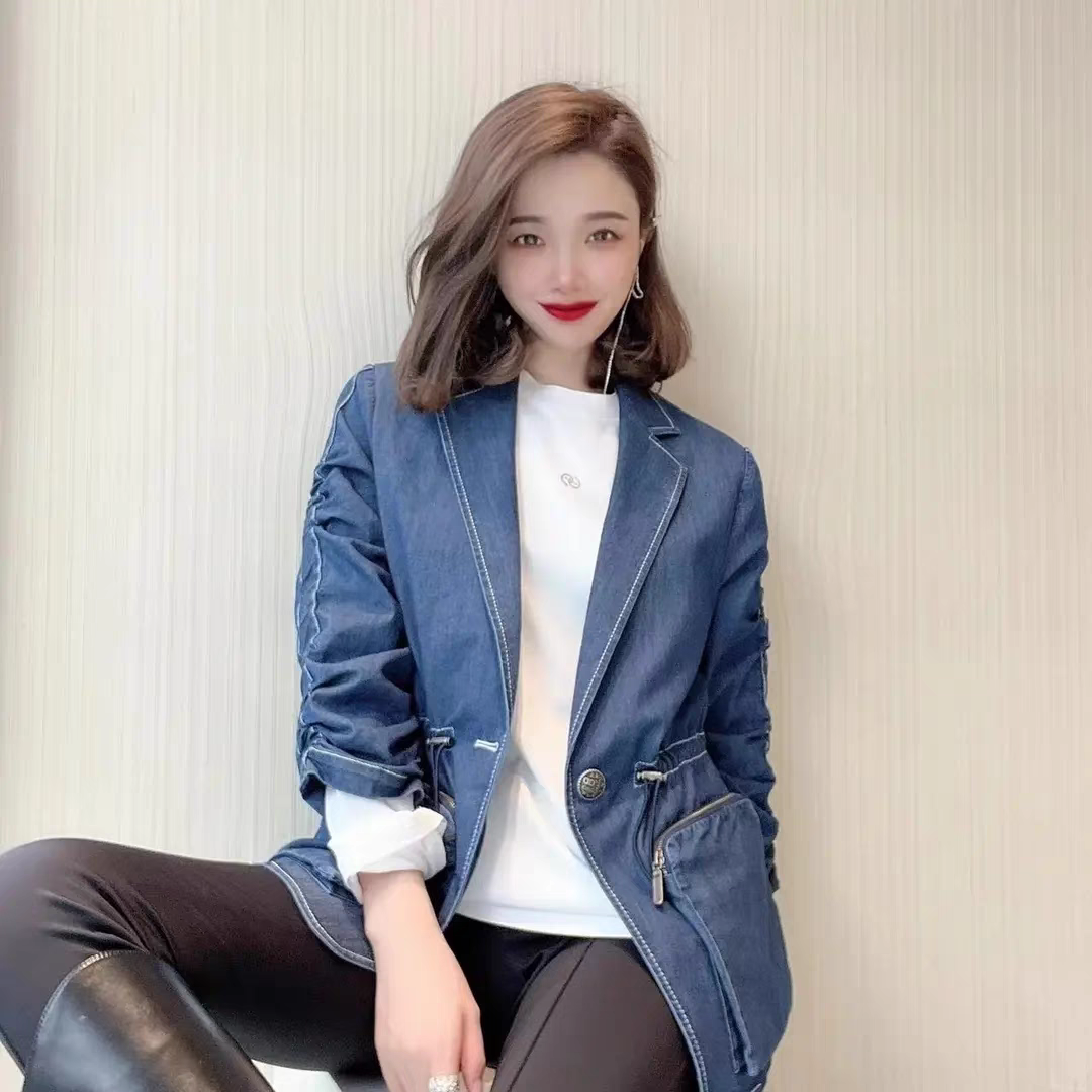 商场同款2025春秋新款蓝色复古抽绳工装哥家牛仔外套女1400687