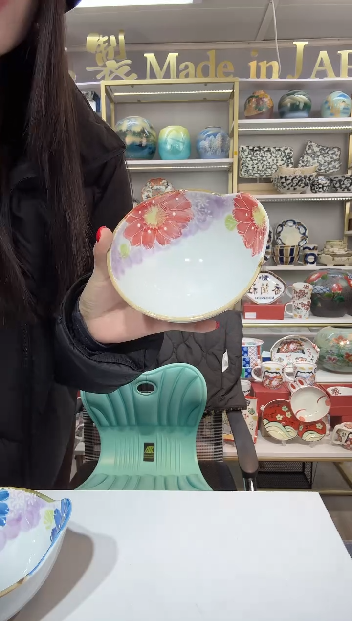 陶瓷有田烧手绘花友禅手柄碗12.8cm-红色一只