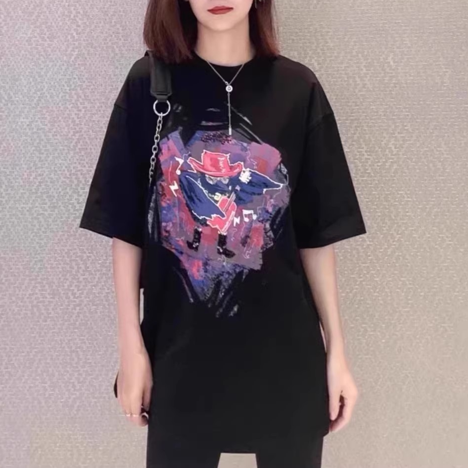 专柜正品2025夏季新款宽松大码卡通贝斯鸟印花短袖T恤女