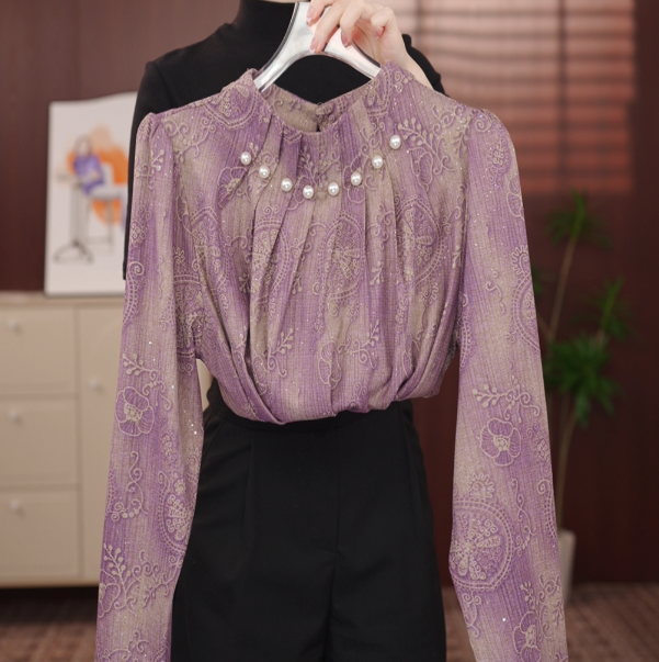 2025女秋冬珍珠新款碎花长袖上衣休闲百搭减龄显瘦内搭上衣
