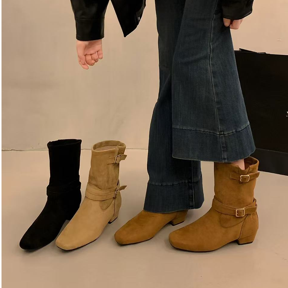 W601-19女秋冬瘦腿西部牛仔靴复古粗跟机车堆堆短靴骑士靴子 薄绒