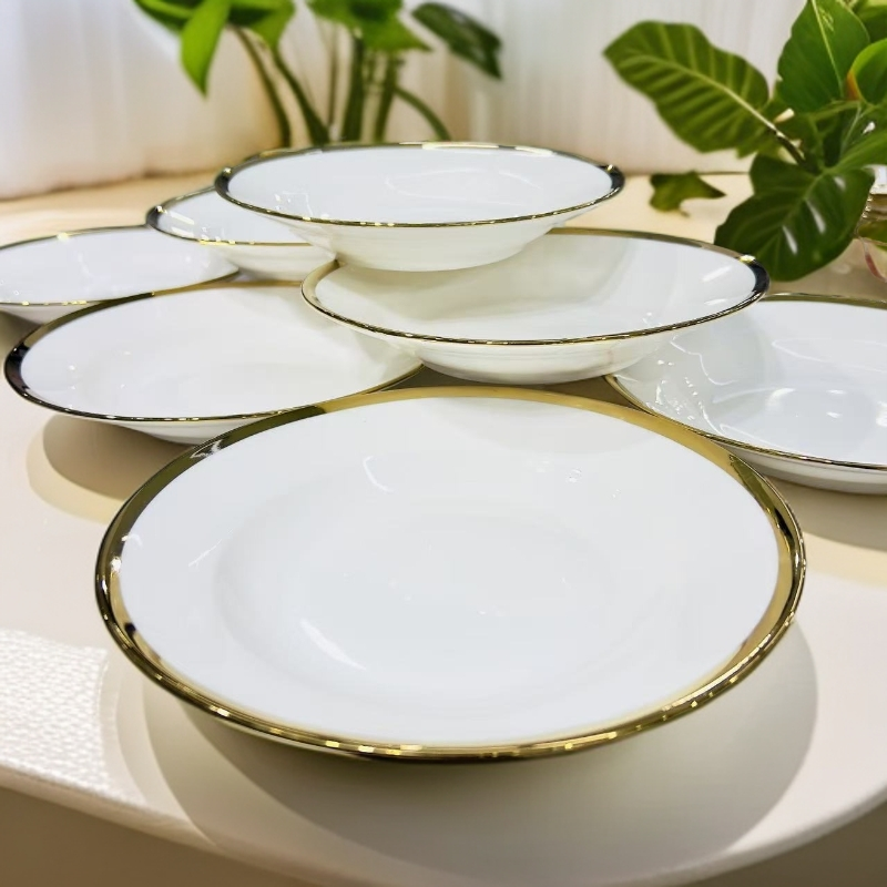 新疆包邮【金边白色拉面盘10个 】陶瓷好看家用 高档拉面盘双耳盘子