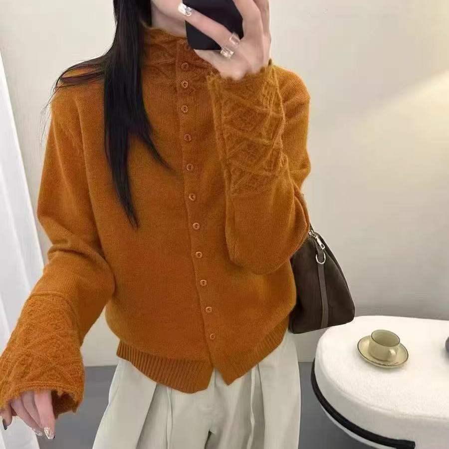 设计感镂空毛衣针织开衫女秋冬新钩花减龄百搭纯色打底针织衫1092