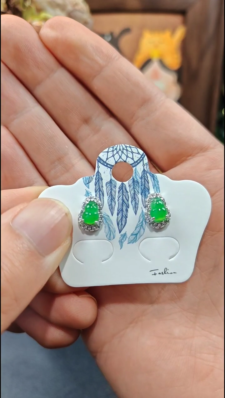 银S925镶嵌翡翠耳饰翡翠耳饰S925银镶嵌