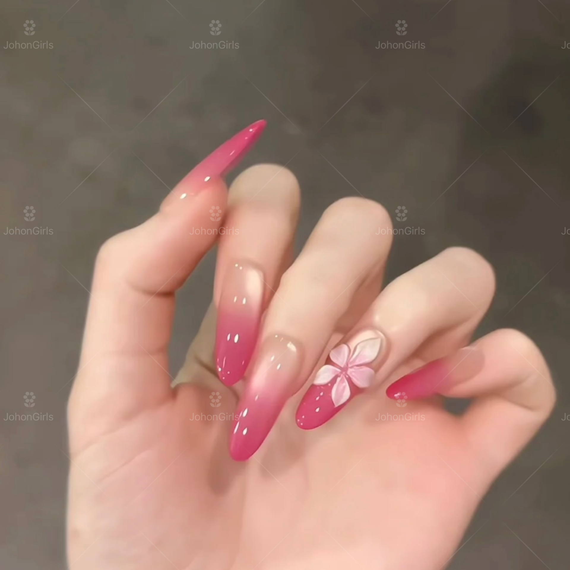 JohonGirls'/琴岛小嫚【挚爱玫红】蜜桃渐变显白美甲长款手工穿戴甲
