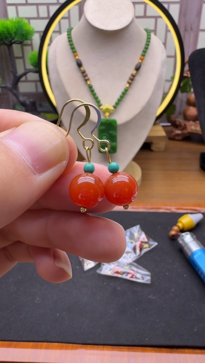 14K金镶嵌南红玛瑙耳饰E149    