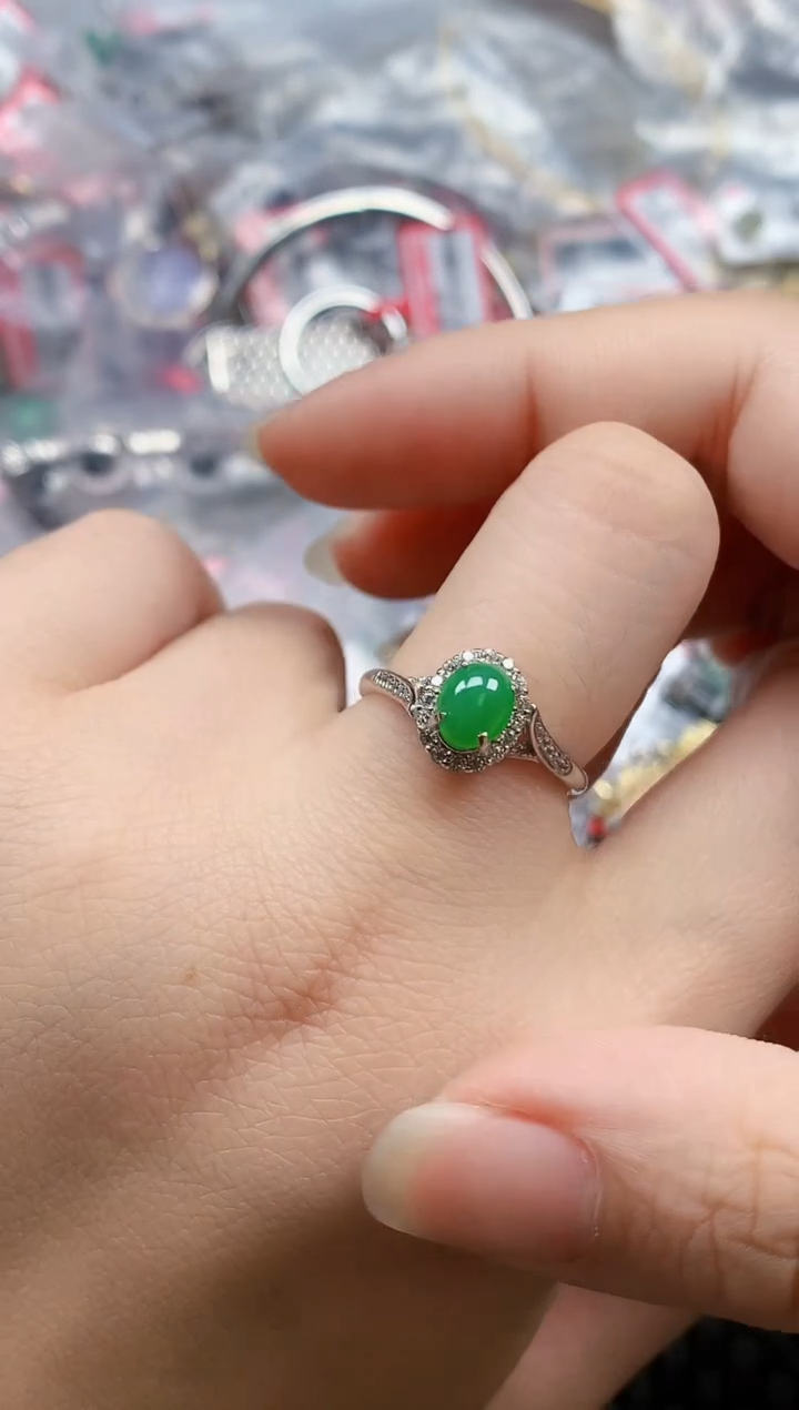 银S925镶嵌戒指翡翠天然A货缅甸翡翠