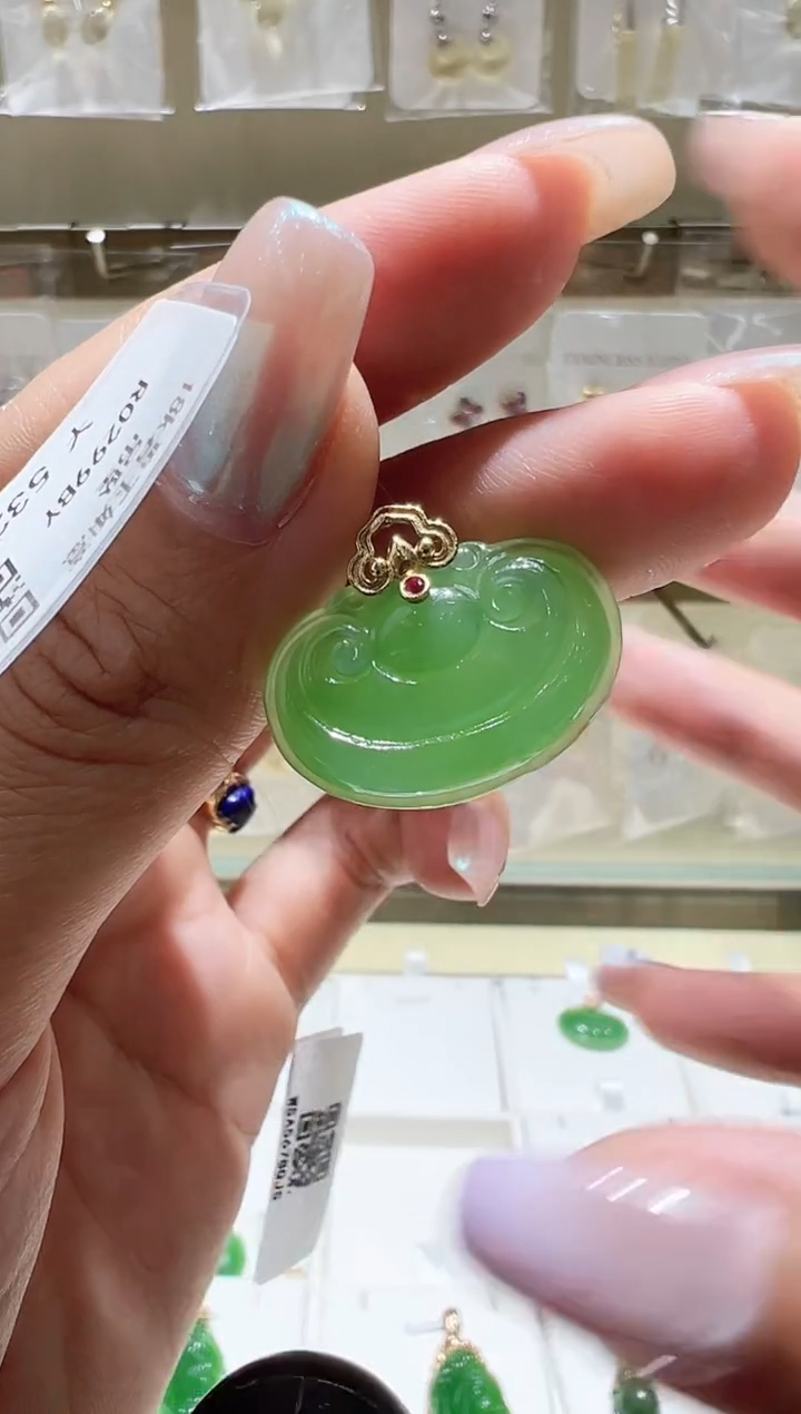 颈饰18K金镶嵌和田玉@@
