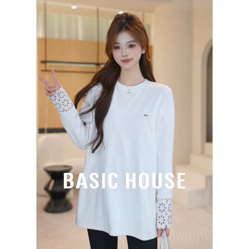 Basic House/百家好秋冬季新款纯棉镂空纯色长袖打底B1194B59291