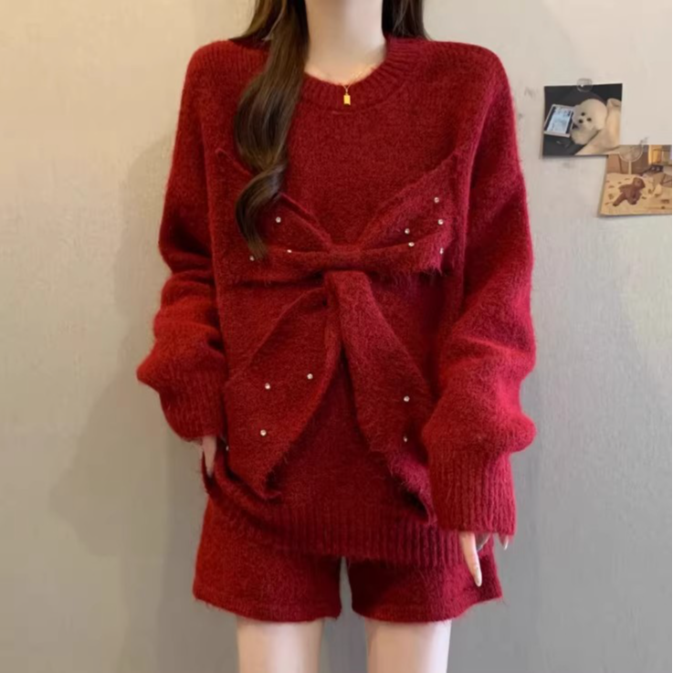 千金风森系少女风韩系时尚套装圆领套装蝴蝶结秋冬百搭两件套