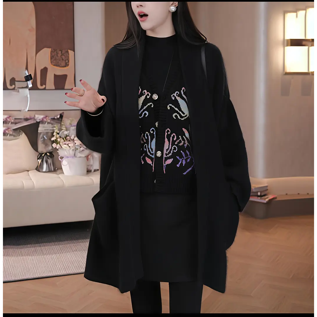 中长款黑色针织开衫女士秋冬新款慵懒高级感宽松显瘦毛衣外套上衣