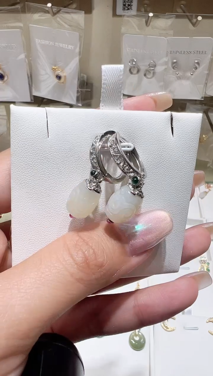 银S925镀金镶嵌和田玉耳饰@@