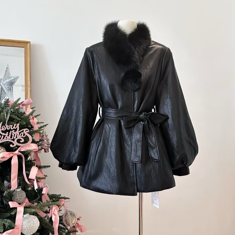 小水专属羽绒内胆黑色皮衣羽绒服女冬季毛领外套暖高级感【送毛领】