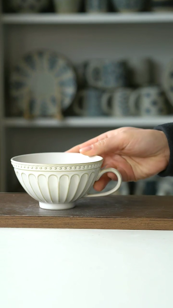 【闪购商品】陶瓷洛可可珍珠浮雕咖啡杯微瑕@4-2@