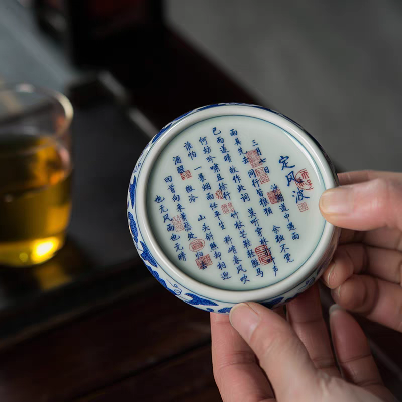 景德镇手工手绘釉下彩青花瓷定风波高端陶瓷茶具杯垫盖置