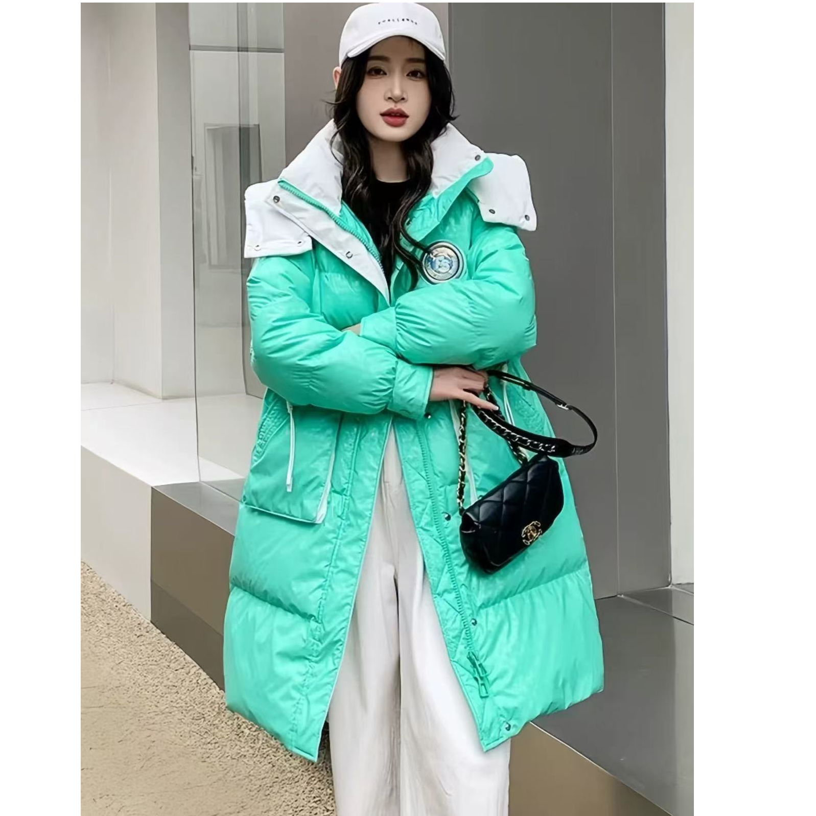 162绿色长款设计连帽女式保暖加厚鹅绒外套
