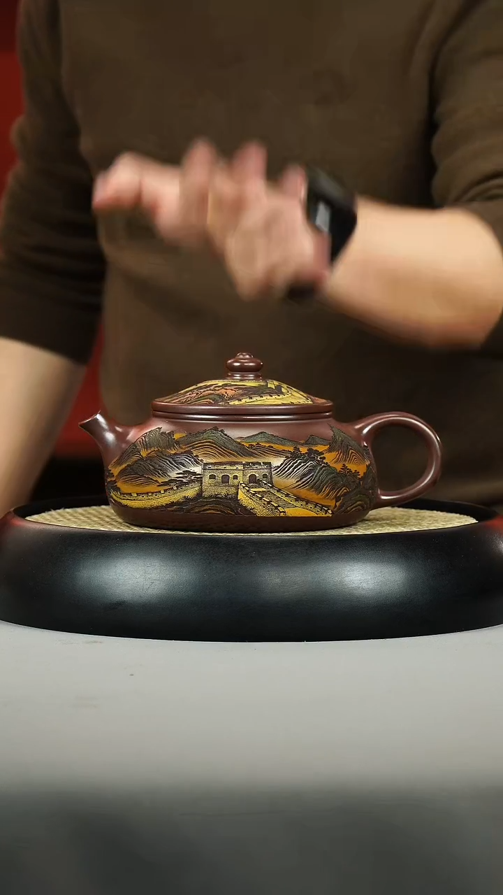 茶壶紫砂石红 寒江 彩刻 长城