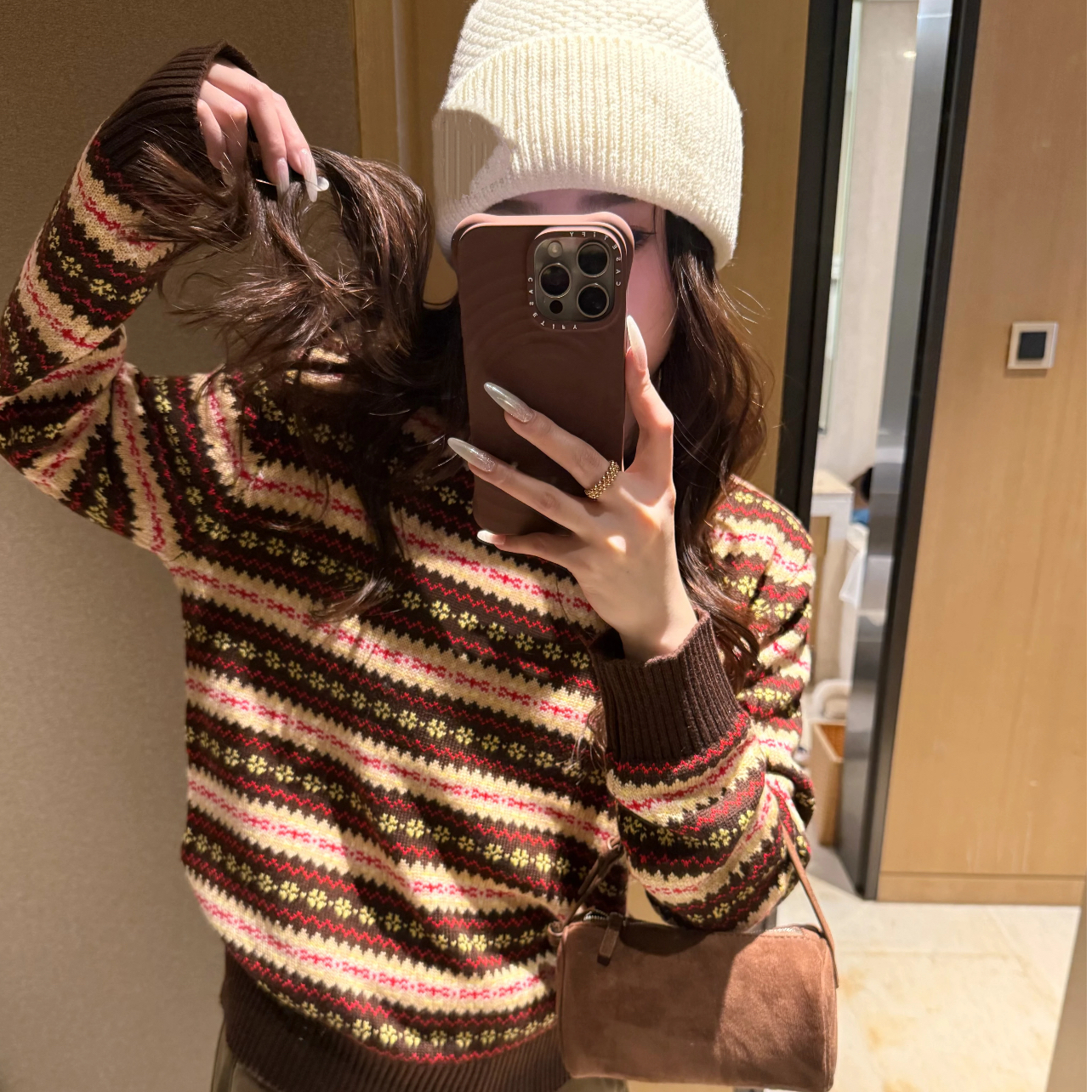 YUNSHENG 复古圣诞限定咖红费尔岛圆领毛衣 1002