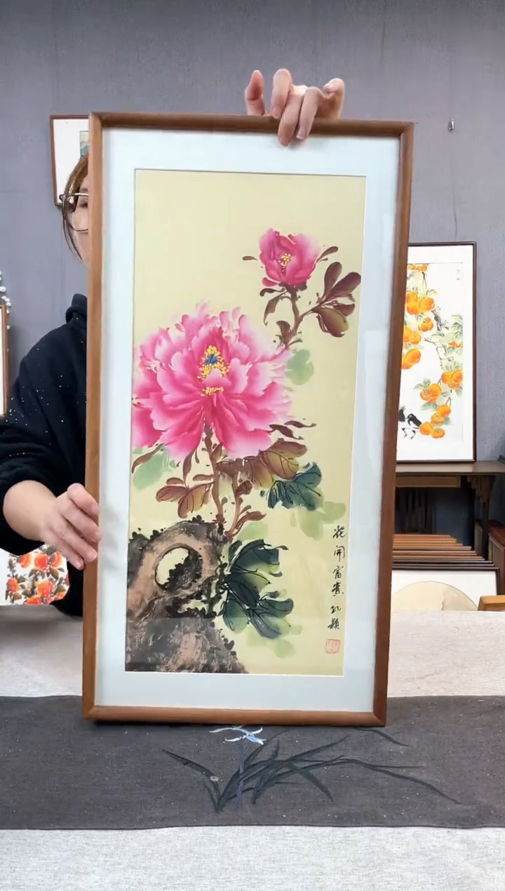 【闪购商品】国画孙颖-纯手绘带框作品-35*68-牡丹